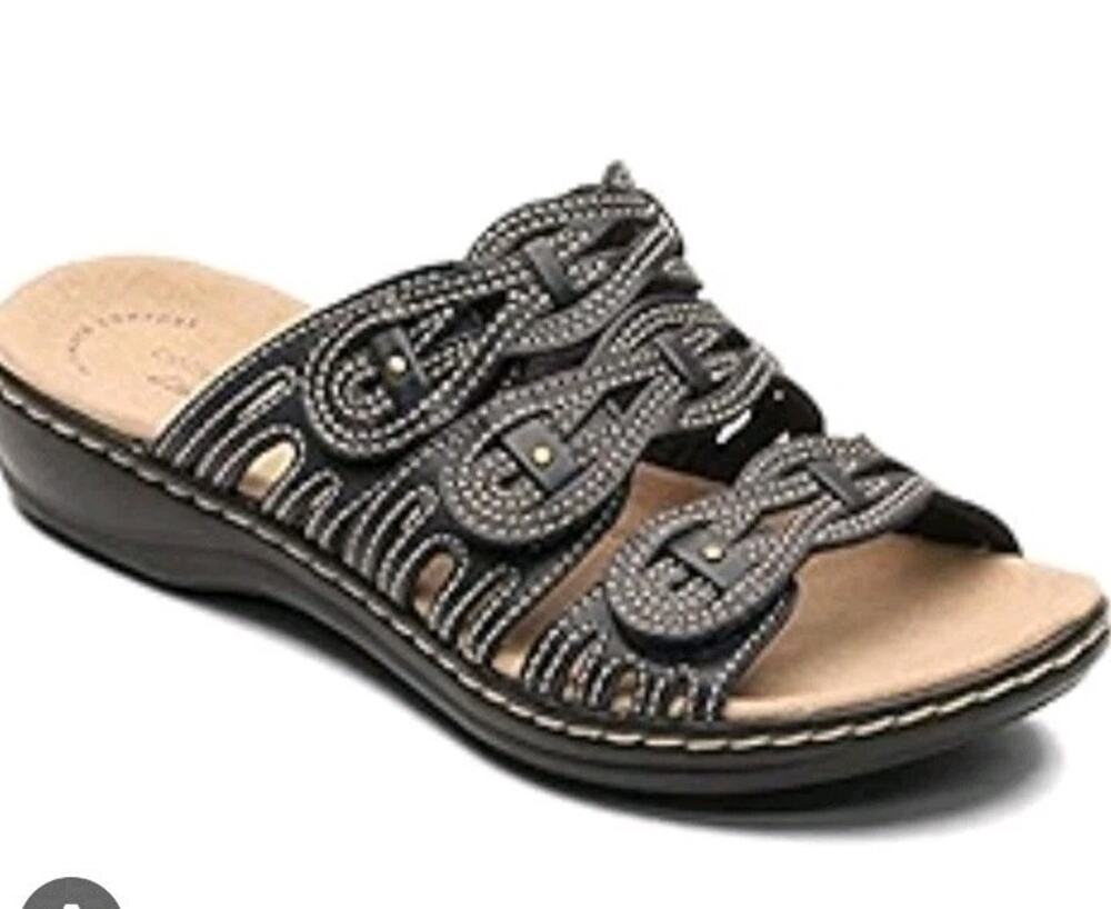 Clarks Collection Black Leather Triple Strap Adjustable Slide Sandals 9